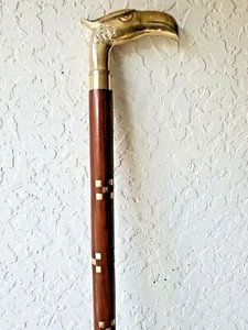 Rare Vintage Cane Solid Brass Eagle Head & Brass Inlay Handmade Walking Stick - Bild 1 von 12