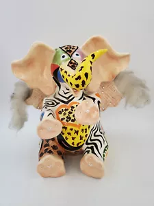 KoKo Creation 2002 Whimsical Patchwork Feathered Angel Wings Ceramic Elephant - Picture 1 of 7
