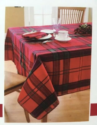 Living Quarters Red Plaid Christmas Fabric Tablecloth Metallic Green 60 x 84 $46 - Image 1 of 4