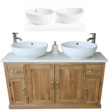Solid Oak Bathroom Vanity Unit Twin Ceramic Basin Taps & Plugs White Quartz Top