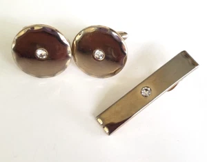 Vintage Swank Clear Rhinestone Round Cufflinks & Tie Bar Clasp Gold Tone Set - Picture 1 of 5