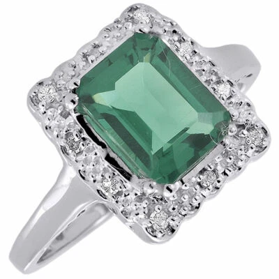 Diamond Green Emerald 10K White Gold Created Gemstone Cocktail Ring 1.81 tcw - Image 1 of 4