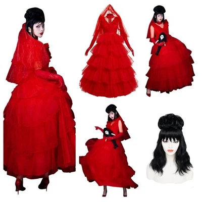 Beetle 2 Lydia Deetz COSPLAY Red Gothic Bride Wedding Dress Veil+Wig full set - Image 1 of 4