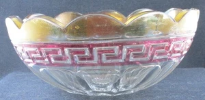 EAPG SIGNED HEISEY AMETHYST STAINED GREEK KEY 8.5 IN BOWL C1911 SCARCE GILT - Picture 1 of 5