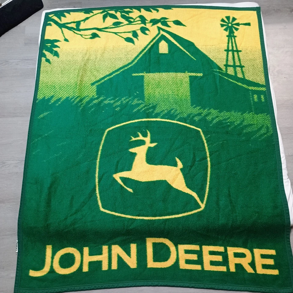 Cobertor de lã verde vintage John Deere Aurora 55 x 47 EUA trator fazenda arremesso  - Imagem 1 de 3