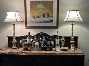 2 Vintage Brass Heavy Table Bedside Lamps w/ original shades 28" tall, 10’ Cord - Picture 1 of 8