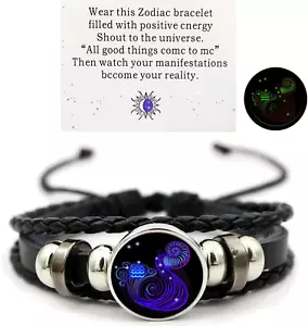 Leather Bracelet Bangle For Men Woman with Signs of the Zodiac Astrology Luminou - Picture 1 of 32