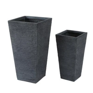2-Piece Gray Stone Finish Tall Tapered Square MgO Planter - Picture 1 of 8