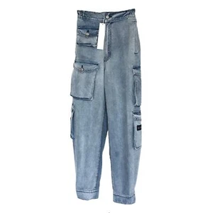 EB DENIM Cargo Denim Jeans High Rise Pant Rain Blue Elastic Waist Pockets NEW XS - Picture 1 of 9