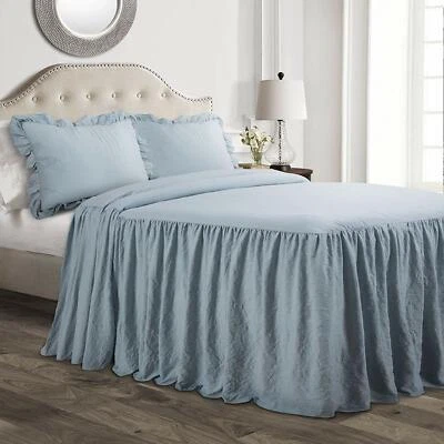 LIGHT BLUE Twin Full Queen King Size Solid Ruffled Farmhouse Bedspread Set Shams - Image 1 of 4