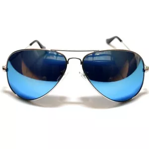 OCCHIALI DA SOLE AVIATOR BLU SPECCHIO COLORATO LENTE RIFLETTENTE ARGENTO MONTATURA METALLO UV 99% - Foto 1 di 7