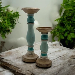 Pillar Candle Holders Beach Aqua Blue Coastal Nautical Candle 2 Pc 12” 8” - Picture 1 of 8