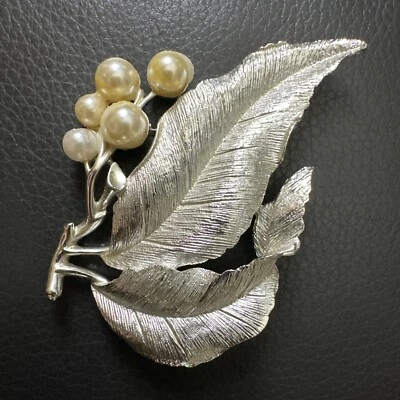 Vintage Brooch Pin Sara Coventry Double Leaf Faux Pearl Silver Tone Large - Image 1 of 2