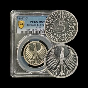 GERMANY. 1957, 5 Mark, Silver, G - PCGS MS62 - Federal Eagle, Karlsruhe, Key - Picture 1 of 5