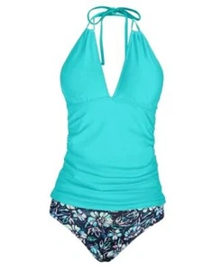 Womens Two Piece Swimsuits Tummy Control Tankini Plus Large Bright Blue Flower - Picture 1 of 7