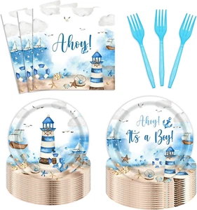 96Pcs Ahoy Nautical Boy Baby Shower Party Supplies, It'S a Boy Blue Marine Sea L - Picture 1 of 12