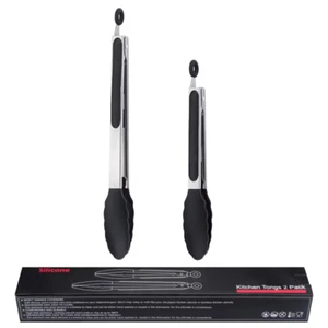 ✅ENVÍO AHORA - Juego de pinzas de silicona de acero inoxidable para alimentos de cocina | Negro 9"/12" - Imagen 1 de 11
