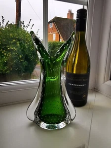 Vintage Murano Green & Clear Bullicante Fishtail Art Glass Vase C1960's - Picture 1 of 11