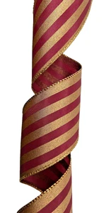 8.5Yd  Red Burgundy Gold Striped Ribbon 2.5" W Metallic Wired Edge - Picture 1 of 4