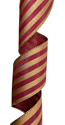8.5Yd  Red Burgundy Gold Striped Ribbon 2.5" W Metallic Wired Edge - Image 1 of 4