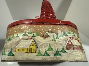 "Cesta de madera roja tejida escena nevada invierno Navidad pintada a mano vintage 12"" X 8""" - Imagen 1 de 24