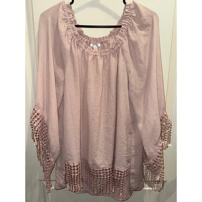 Spense Women's Large/G Bardot Neck Long Sleeve Fringe Trim Blouse Top Pink - Image 1 of 4