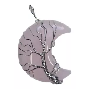 Rose Quartz Crystal Moon Wrapped In Silver Tree Of Life Pendant For Necklace - Picture 1 of 5