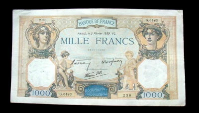 1939 Fevrier FRANCE EXTRA Large Banknote 1000 francs XF HIGH QUALITY - Image 1 of 2