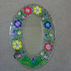 Hand Crafted Mosaic Mirror With Color Flowers Design 70 x 50 Cm Wide - Picture 1 of 11