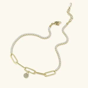 Paperclip CZ Round Charm Ankle Anklet Real 14K Yellow Gold Up to 10" - Picture 1 of 4
