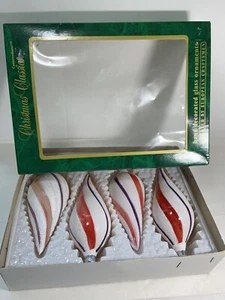 4 Pc Vintage Teardrop Ornaments Commodore Romania Glass Red Purple Stripe Mica - Picture 1 of 9