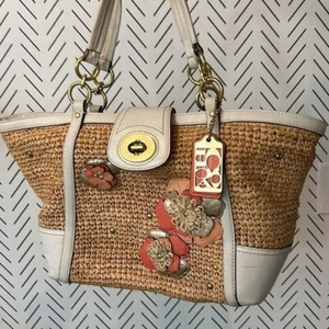 Bolso de hombro Coach Hampton con apliques florales de paja fin de semana blanco coral 19347 - Imagen 1 de 16