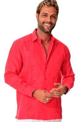 Camisa Guayabera Para Hombres 100% Lino Suave para Hombres - Roja Tradicional 4 Bolsillos - MLS401 Foto 1 de 4