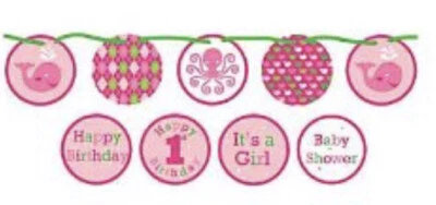 PINK WHALE ocean preppy girl circle paper banner 5.5 ft - Image 1 of 2
