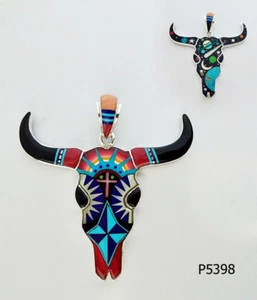 REVERSIBLE CELESTIAL TURQUOISE OPAL ONYX SPINY INLAY 925 SILVER BUFFALO PENDANT - Picture 1 of 4