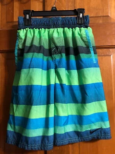 NIKE Boy's Swim Trunks Blue and Green Stripe Large 12/14 - Picture 1 of 4
