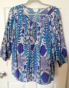 Como Woman Lovely Tunic 1X Scoopneck with tie 3/4slv Blue w/abstract print   - Picture 1 of 5