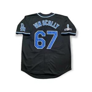 Maglia Vince Scully Los Angeles Dodgers nera VIN e patch manica 1950-2016 NUOVA - Foto 1 di 5