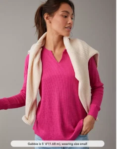 NWT AE American Eagle Pink Waffle Plush Long Sleeve - Notch Neck - Women's XS - Picture 1 of 6