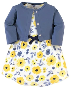 TOUCHED BY NATURE Baby Girl's 0-3m Organic Cotton Dress w/Cardigan Yellow Garden - Picture 1 of 4