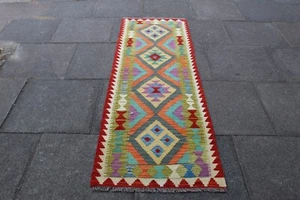 Kilim Vintage Traditional Hand Made Oriental Green Wool Kilim Runner 215x73cm - Picture 1 of 12