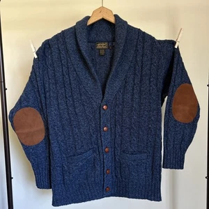 Eddie Bauer Wool Cardigan Sweater Cable Knit Elbow Pads Medium Men Blue USA Made - Picture 1 of 8