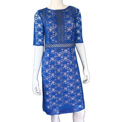 Vestido Antonio Melani Talla 6 Azul Encaje Superpuesto Nude Ilusión Funda Cóctel Foto 1 de 4