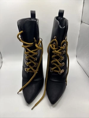 Liliana Women's Sz 5.1/2 Shoes Black Vegan Lace Up Peep Toe Fashion Heeled Boots - Image 1 of 4