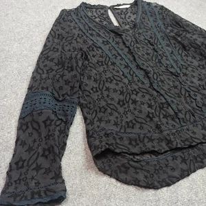 Odd Molly Blouse Womens Size 3 - L Black Chiffon Sheer Lace Trim Large - Picture 1 of 12