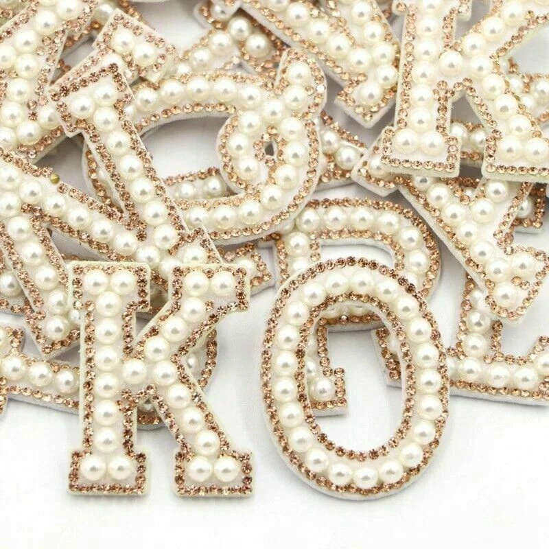 GETWAYSKY Gold Rhinestone Pearl Letter Patches - Sew/Iron on Alphabet 4.8cm x 5.2cm