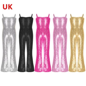 UK Kids Girls Shiny Sequins Dance Costume Gymnastics Unitard Leotard Jumpsuits - Picture 1 of 59