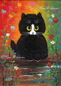 Black White Cat Art Original Painting 5x7 Creationarts Colorful Flowers - Picture 1 of 1