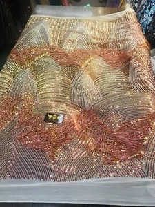 NEW! ORANGE IRIDESCENT FRINGE SEQUINS ON A 4 WAY STRETCH NUDE MESH-PROM-BY YARD - Picture 1 of 8