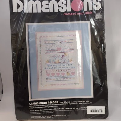 New Dimensions Stamped Cross Stitch Kit  Lambs Birth Record Gillum  1988 Vintage - Image 1 of 4